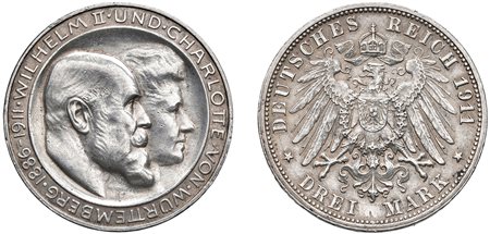 GERMANIA - WURTTEMBERG - GUGLIELMO II (1891-1918) - 3 marchi 1911, 25° anniversario del matrimonio con Carlotta.