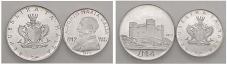 MALTA - Lotto due monete da 2 e 4 Pounds, 1975.