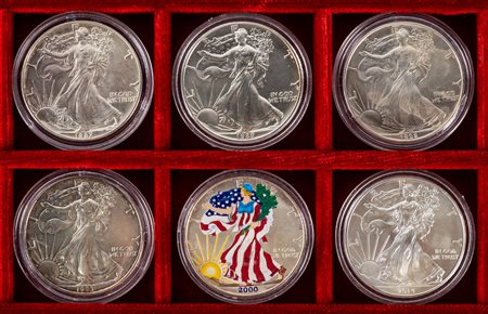 STATI UNITI D'AMERICA - Lotto 6 monete da 1 dollaro liberty, senza ripetizioni (1987, 1989, 1992, 1993, 2000, 2014).