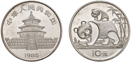 CINA - Repubblica Popolare (1949-) - 10 Yuan da 1 oncia, Serie Panda Proof, 1985.