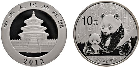 CINA - Repubblica Popolare (1949-) - 10 Yuan da 1 oncia, Serie Panda Proof, 2012.