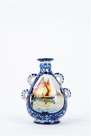 Piccola fiasca in ceramica policroma con vedute di Venezia, manifattura di Murano, prima metà del XX secolo