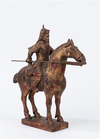 Cavaliere a cavallo in legno laccato e dorato, Cina, secolo XX