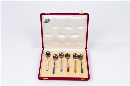 Sei cucchiaini in argento Sterling 925 con manico in smalti policromi