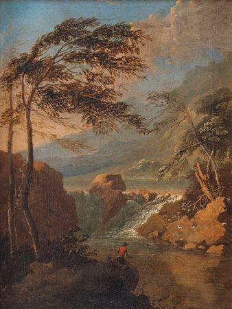 Maniera di Marco Ricci - Paesaggio fluviale con figura in riva