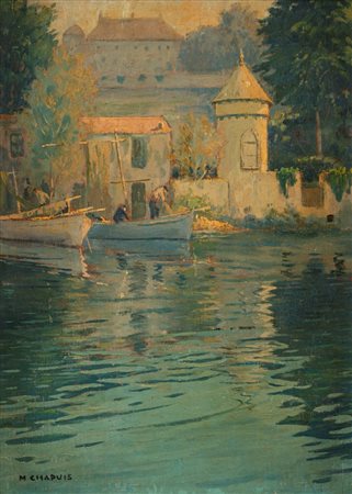 M. Chapuis (Scuola francese del XX secolo) - Barche sul fiume presso il castello
