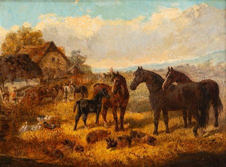 Scuola inglese, secolo XIX - Cavalli, anatre e maiali nell’aia