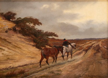 Jef Louis Van Leeemputten (1865 - 1948)  - Cavalli sul sentiero piovoso