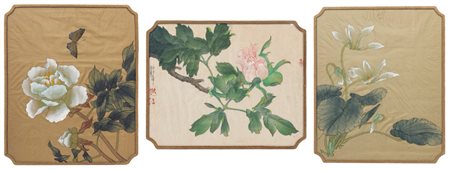 Tre dipinti su seta, Giappone, inizio secolo XX