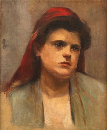 Scuola europea, secolo XIX - Ritratto di donna velata in rosso
