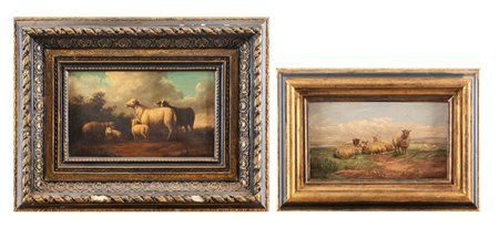 Scuola europea, secolo XIX - Due dipinti raffiguranti pecore al pascolo