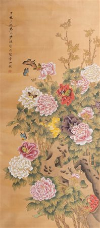 Scroll su seta raffigurante ramo fiorito con peonie, Cina secolo XX