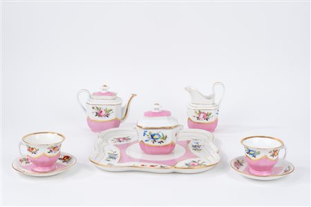Servizio tête-à-tête in porcellana policroma e rosa, Francia, Luigi Filippo, secolo XIX