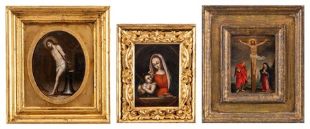 Scuola fiamminga, secolo XVII - Lotto composto da tre dipinti ad olio su rame 