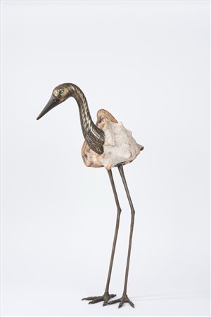 Scultura in metallo raffigurante airone, con corpo di conchiglia, secolo XX