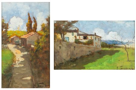 Gino Tommasi (Livorno 1180 - 1942)  - Due dipinti raffiguranti vedute di casali nella campagna