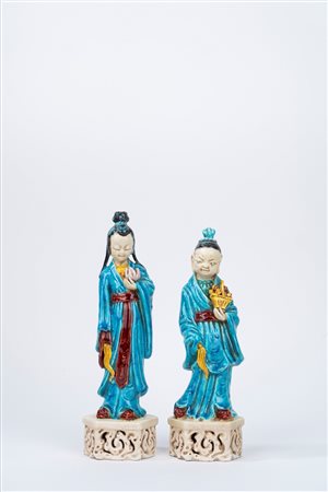 Due figure in ceramica policroma, Cina secolo XX