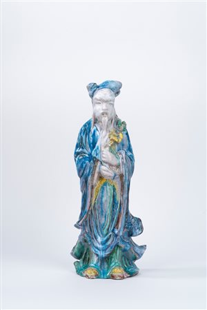 Figura di saggio in ceramica policroma, Cina secolo XX