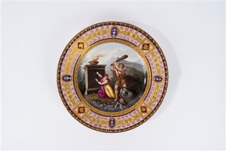 Piatto in porcellana policroma con Ercole e Esione, manifattura di Vienna secolo XIX