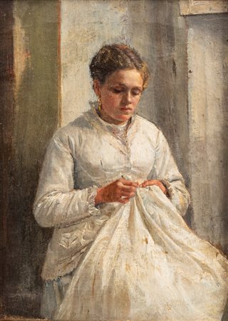 Scuola napoletana, secolo XIX - Donna che cuce