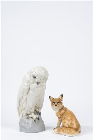 Lotto composto da due sculture in porcellana, raffiguranti una civetta delle nevi e una volpe, entrambe secolo XX
