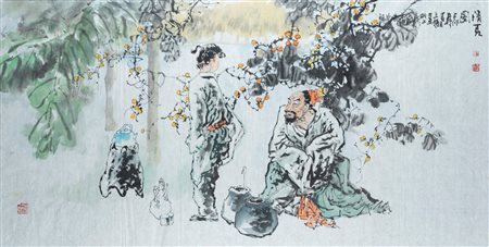 Dipinto ad acquerello su carta raffigurante la cerimonia del tè, Cina secolo XX