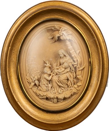 Scuola francese, fine secolo XIX - inizi secolo XX - Bassorilievo in pietra calcarea raffigurante Madonna con Bambino e San Giovannino