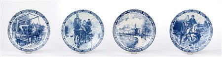 Quattro piatti maiolica bianca e blu, manifattura di Delft, secolo XX