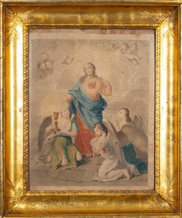 Scuola italiana, secolo XIX - Incisione acquerellata raffigurante Cristo tra gli Angeli