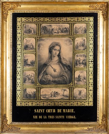 Scuola francese, secolo XIX - Incisione raffigurante il Sacro Cuore di Maria e scene della Vita della Vergine