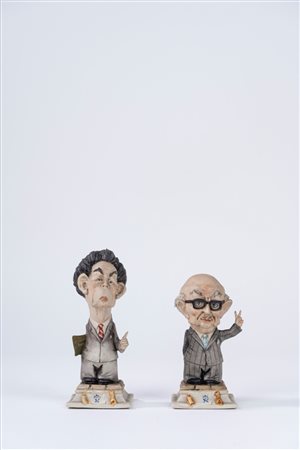 Coppia di figurine caricaturali in porcellana policroma raffiguranti E. Berlinguer e A. Fanfani. Capodimonte, secolo XX