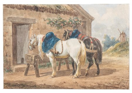 Scuola francese, secolo XIX - Sosta di cavalli presso una locanda