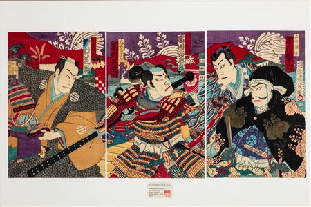 Trittico di incisioni giapponesi di Kunimasa, Giappone, periodo Meiji (1868-1912)