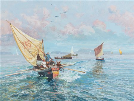 Scuola italiana, fine secolo XIX - inizi secolo XX - Marina con barche di pescatori