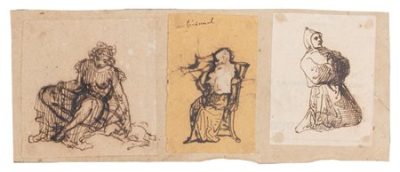 Scuola europea, secolo XIX - Tre disegni a inchiostro bruno su carta, raffiguranti studi di figure