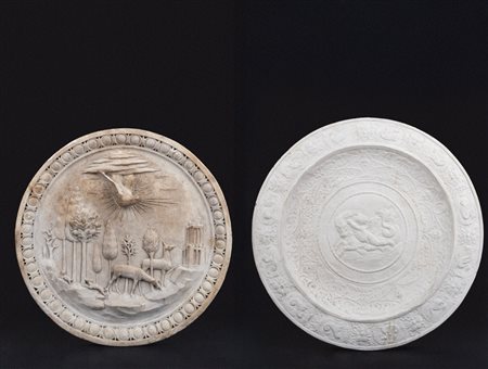 Coppia di tondi a bassorilievo in gesso, uno raffigurante il Paradiso Terrestre, dalla Basilica di S. Maria del Popolo a Roma, l'altro con putto a cavallo di un tritone