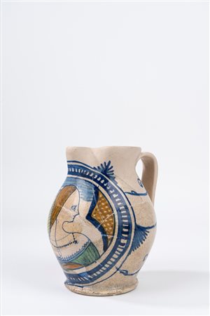 Boccale in maiolica policroma, Emilia Romagna, prima metà secolo XVI