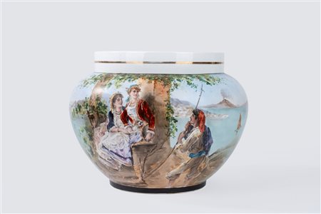 Cache-pot in ceramica policroma con figure in un paesaggio e Vesuvio sullo sfondo, fine secolo XIX - inizi secolo XX