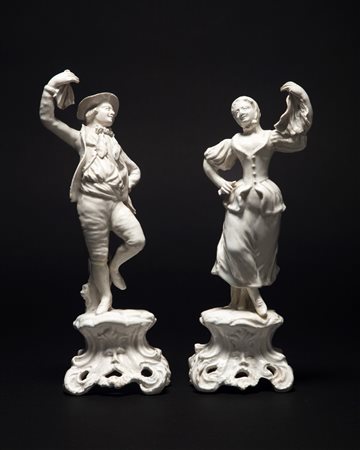  Due figure danzanti in terraglia smaltata, manifattura veneta, secolo  XVIII