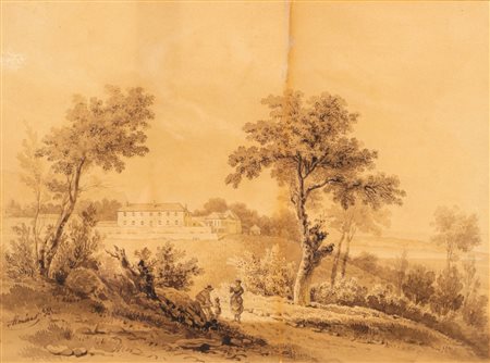 Scuola francese, secolo XIX - Paesaggio con casolare e astanti in primo piano