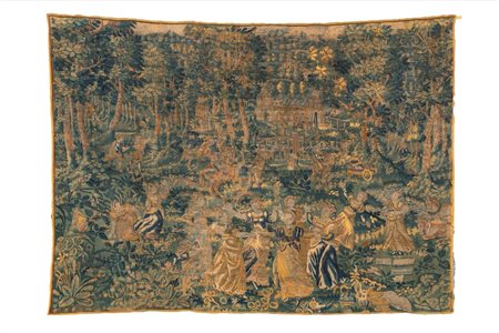 Scuola fiamminga, secolo XVII - Arazzo raffigurante figure femminili danzanti in un giardino