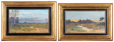 Frank Shayler (Scuola europea inizi del XX secolo) - Due dipinti raffiguranti paesaggi dell'Agro Pontino al tramonto