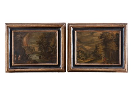 Scuola fiamminga, fine secolo XVI - inizi secolo XVII  - Due paesaggi con scene bibliche: Loth e le figlie; e Davide uccide il leone