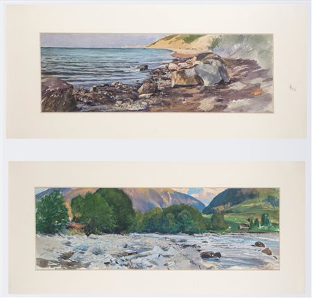Adolf Hirémy-Hirschl (Temesvar 1860 - Roma 1933)  - Due acquerelli su carta raffiguranti paesaggi costieri