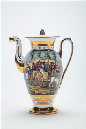 Importante caffettiera con coperchio in porcellana francese decorata a Napoli, 1830 circa