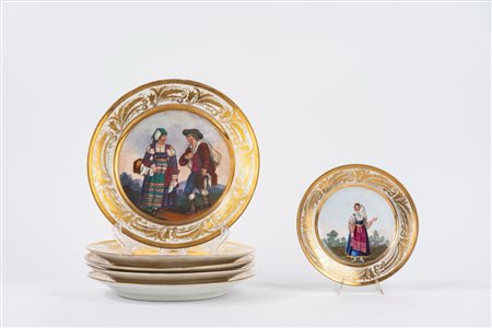 Sei piatti in porcellana policroma con personaggi in costume popolare abruzzese, Napoli secolo XIX