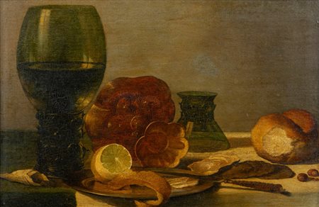 Imitatore di Pieter Claesz - Natura morta con bicchiere di vetro e limone su un tavolo