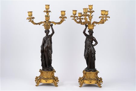 Coppia di candelabri Impero in bronzo dorato e a patina scura, Francia inizi secolo XIX