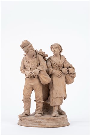 Gruppo scultoreo in terracotta raffigurante due contadini, Giacomo Vaccaro Caltagirone, fine secolo XIX