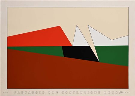 Franco Angeli (Roma 1935 - Roma 1988) Paesaggio con costruzione rossa Firma e...